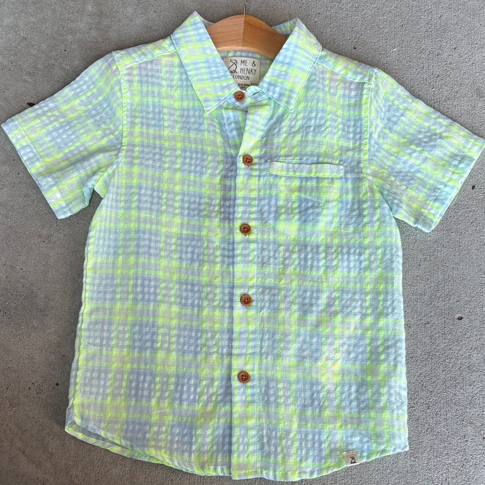 Kids Plaid Button-Down Shirt in Green and Blue